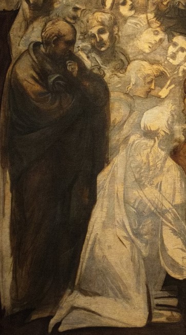 Adoration of the Magi by Leonardo da Vinci - detail of a "pensive philosopher"